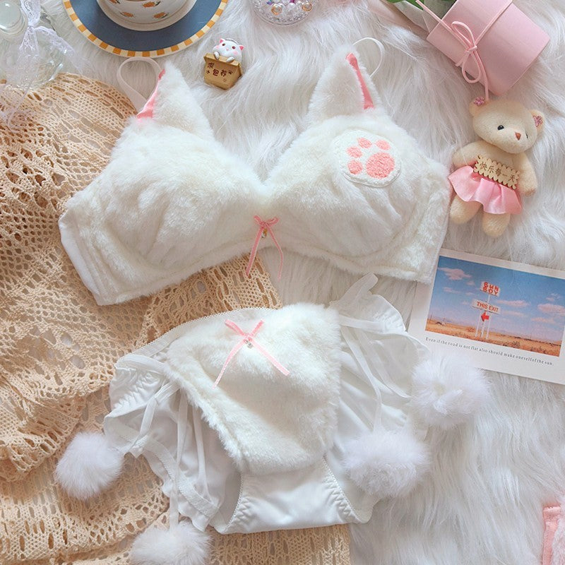 Moon Rabbit Girl Plush Bra Panties Set Kids DealSniper.net White Cat Fur Ball Style L