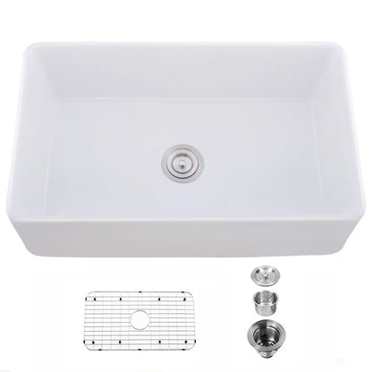 Single Basin Ceramic Farmhouse Kitchen Sink With Basket Strainer Kitchen dealsniper-net White