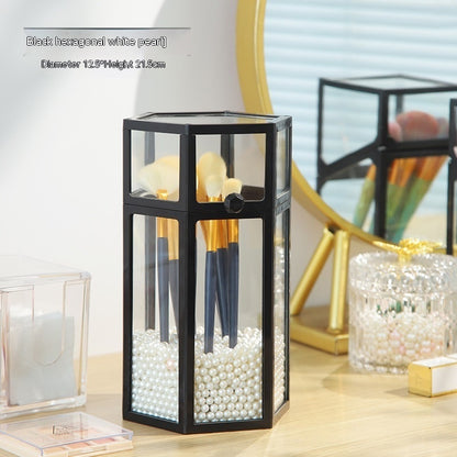 Makeup Brush Glass Storage Container Dustproof Cover Beauty dealsniper-net Black Hexagon White Pearl