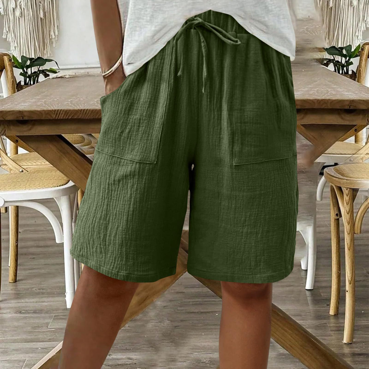Linen Cotton Shorts, Solid Color Casual Shorts Tie Detail Shorts Women DealSniper.net Army green 4XL
