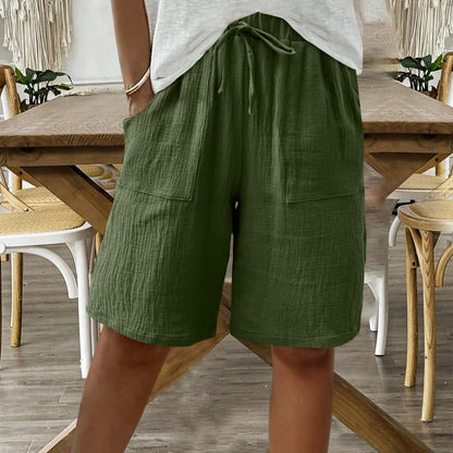 Linen Cotton Shorts, Solid Color Casual Shorts Tie Detail Shorts Women DealSniper.net Army green 4XL