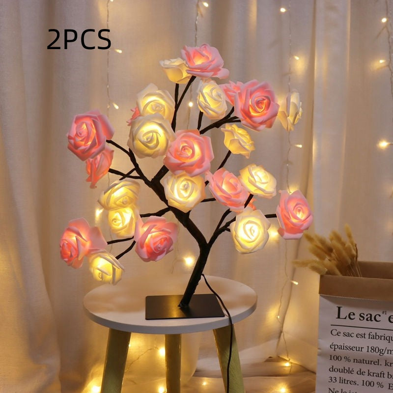Bedroom Room Rose Tree Lamp Decoration Home Decor Gym From House Pink White Rose 2PCS 24lights on black USB