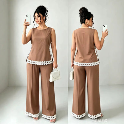 New Sleeveless Casual Pants Set Plus Size Vacation Outfit Women Gym From House Brown 1XL