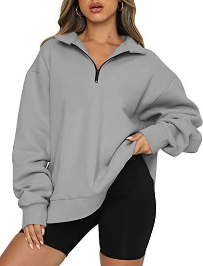 Women Sweatshirts Zip Turndown Collar Loose Casual Tops Clothes Women dealsniper-net Grey 3XL