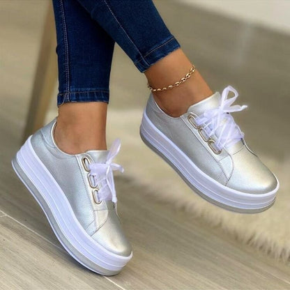 Fashion Flats Sneakers Women Ribbon Lace-up Platform Shoes Women dealsniper-net Silver Size35