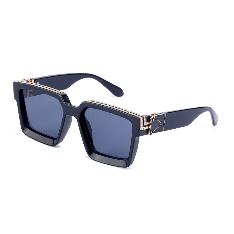 Diamond-Encrusted Large Square Frame Sunglasses For Women Women Gym From House C1 bright black with drill
