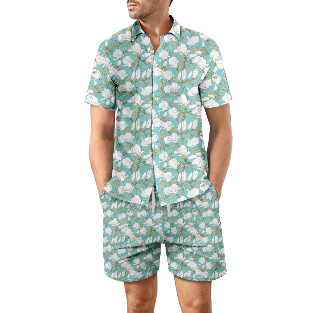 2Pcs Printed Beach Shirt Summer Suit Loose Lapel Button Men DealSniper.net DCS07DXCS2 2XL