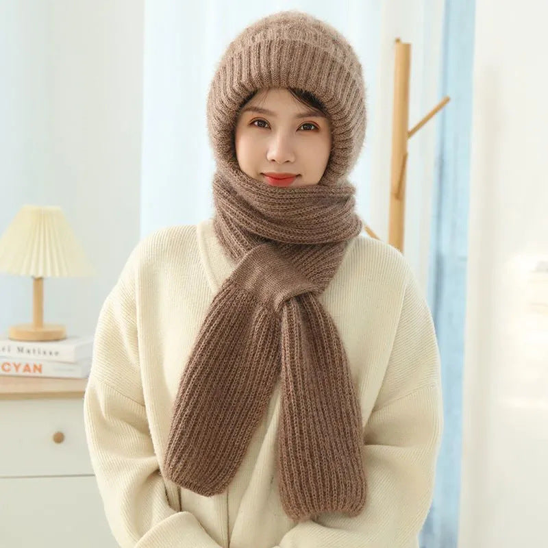 Women's Fleece-lined Scarf And Hat Winter Warm Knitted Hat Scarf Women DealSniper.net Khaki