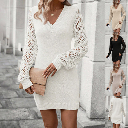 New V-neck Knitted Dress Fashion Solid Color Hollow Sweater