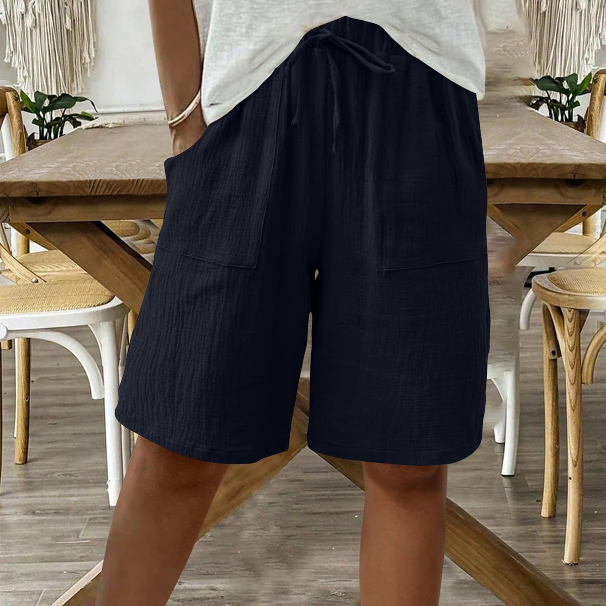 Linen Cotton Shorts, Solid Color Casual Shorts Tie Detail Shorts Women DealSniper.net