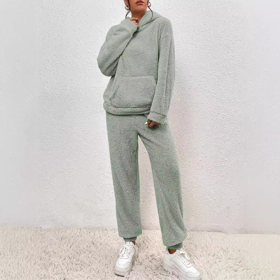 Winter Plush Pajama Set Fashion Casual Hooded Top And Elastic Band Women null