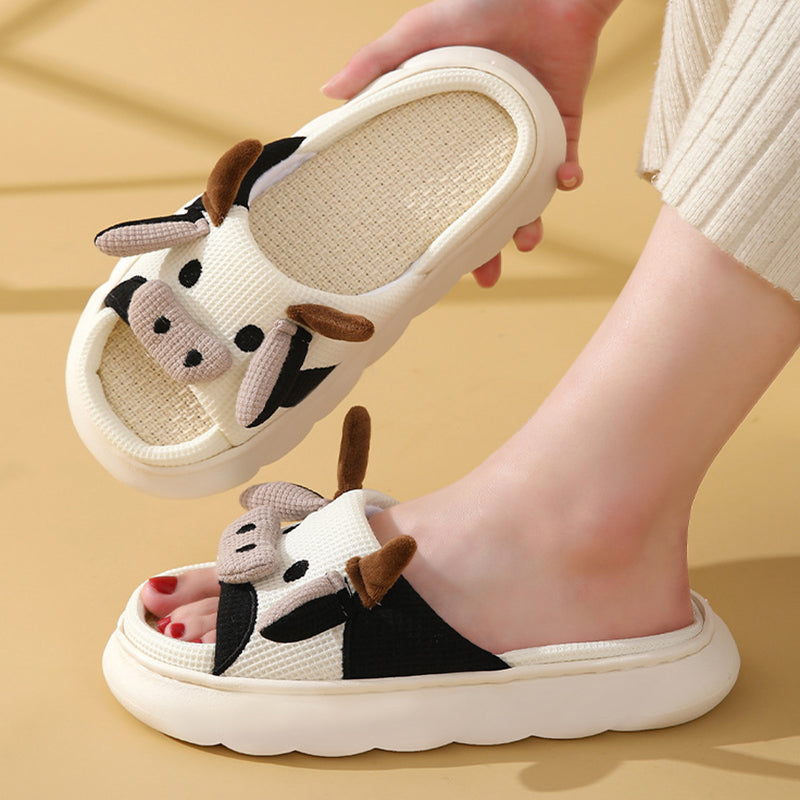 Cute Cartoon Cow Frog Slippers Linen Non-slip Shoes Indoor Women dealsniper-net