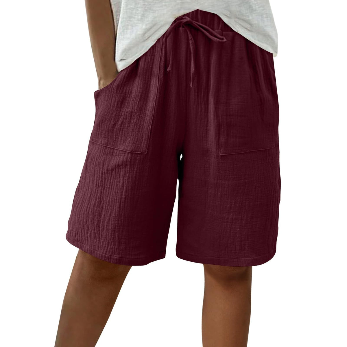 Linen Cotton Shorts, Solid Color Casual Shorts Tie Detail Shorts Women DealSniper.net Burgundy 4XL