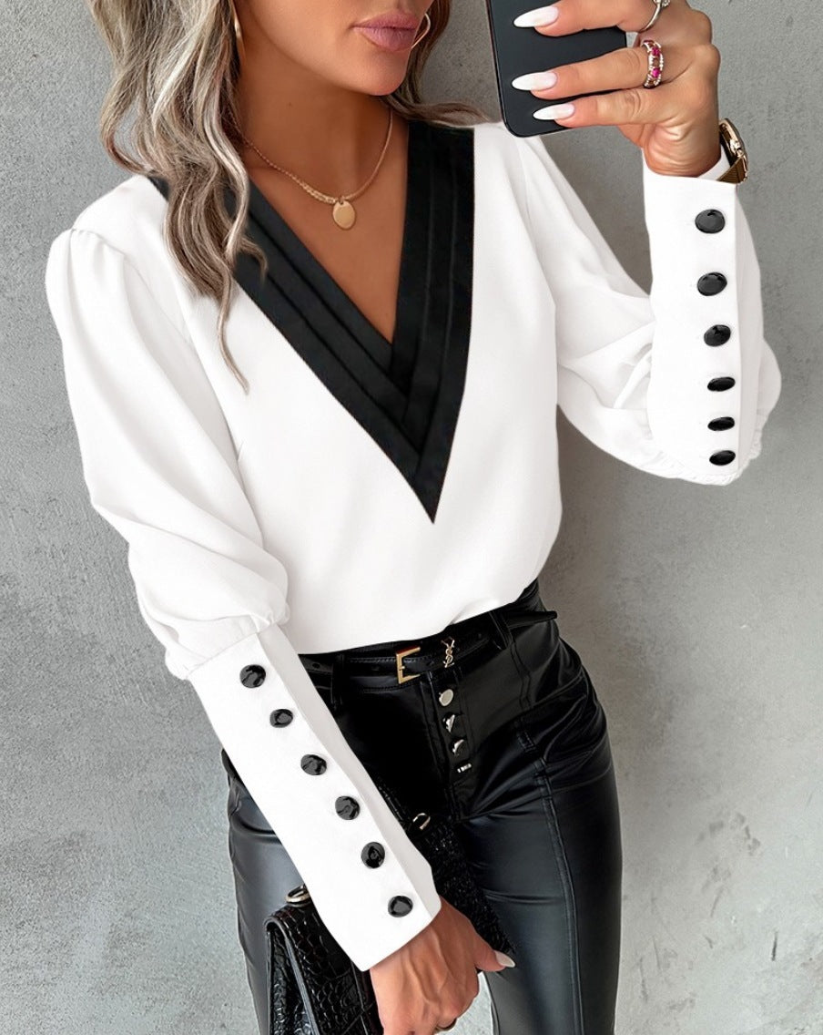 Fashion V-neck Long Sleeve Blouse With Button Design Women dealsniper-net White L