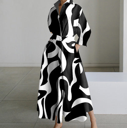 Long-sleeve Blouse Elastic Waist Swing Dress Women DealSniper.net Black And White Stripes 4XL
