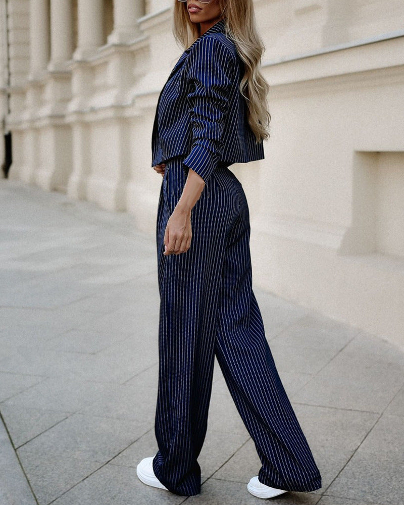 Casual Lapel Long Sleeve Cropped Top And Straight Pants