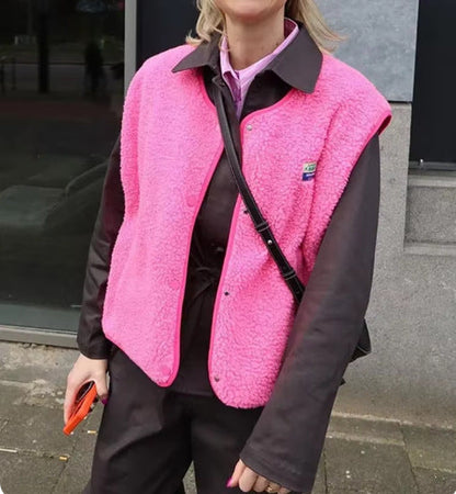 Fashion Single-breasted Vest Jacket Fall Winter Loose Outwear Women DealSniper.net Sleeveless Rose Red L