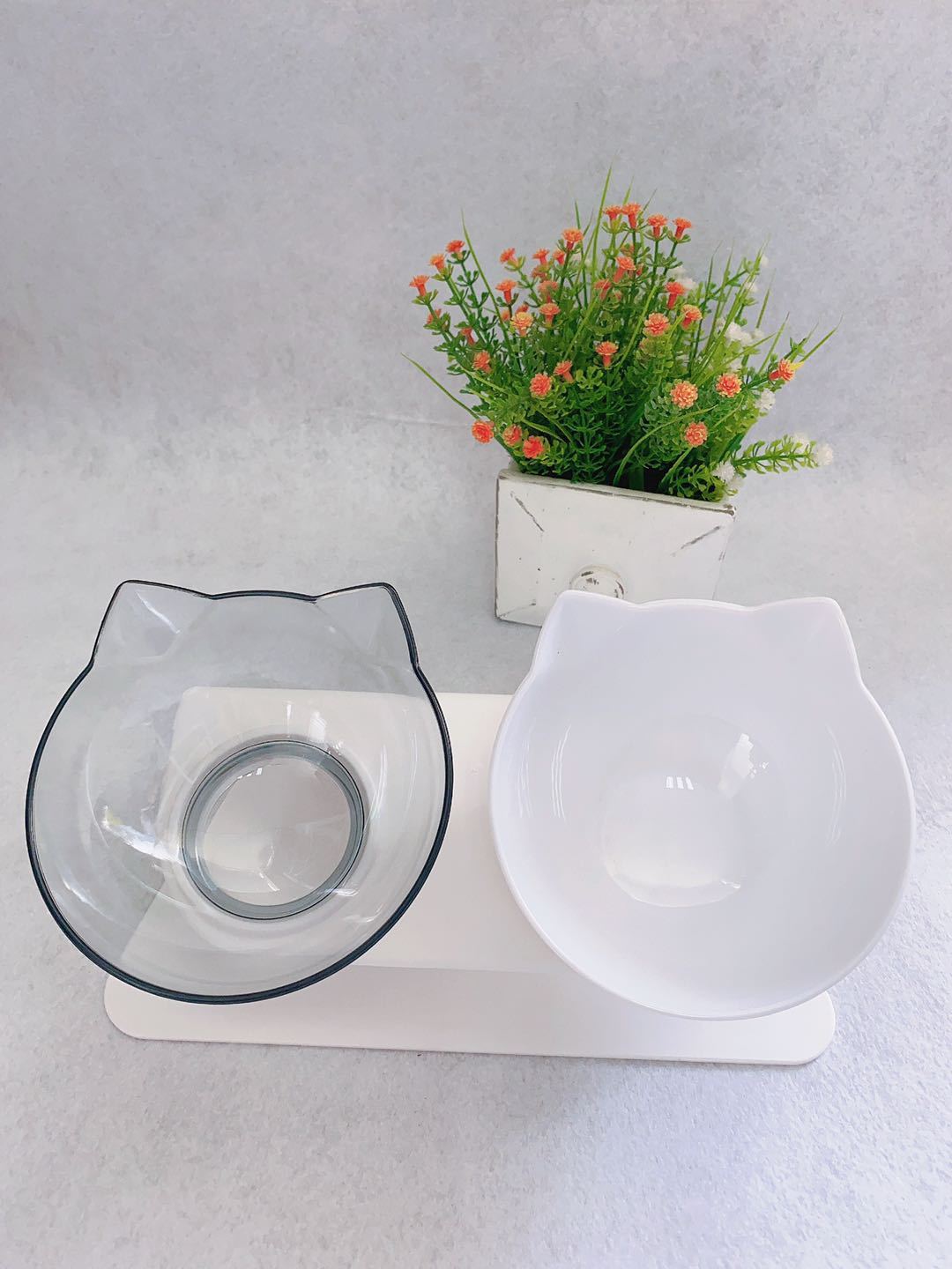 Non Slip Double Cat Bowl With Raised Stand Pet Food Pets dealsniper-net Transparent white and box