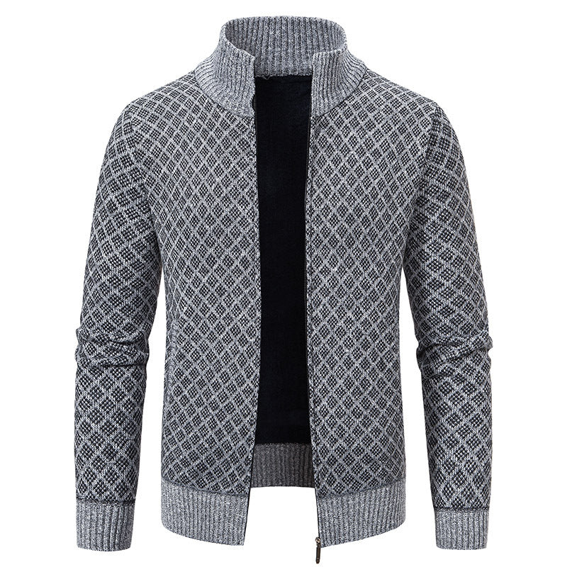 Thickened Plaid Print Jacket Cardigan Fashion Slim Fit Zipper Men Gym From House Light Gray L