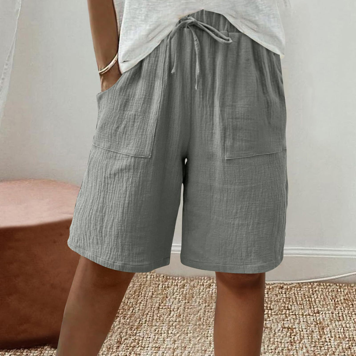 Linen Cotton Shorts, Solid Color Casual Shorts Tie Detail Shorts Women DealSniper.net Grey 4XL