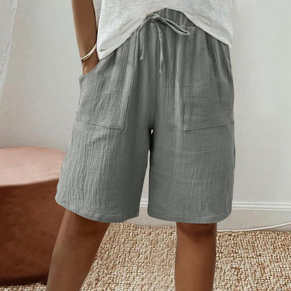 Linen Cotton Shorts, Solid Color Casual Shorts Tie Detail Shorts Women DealSniper.net Grey 4XL