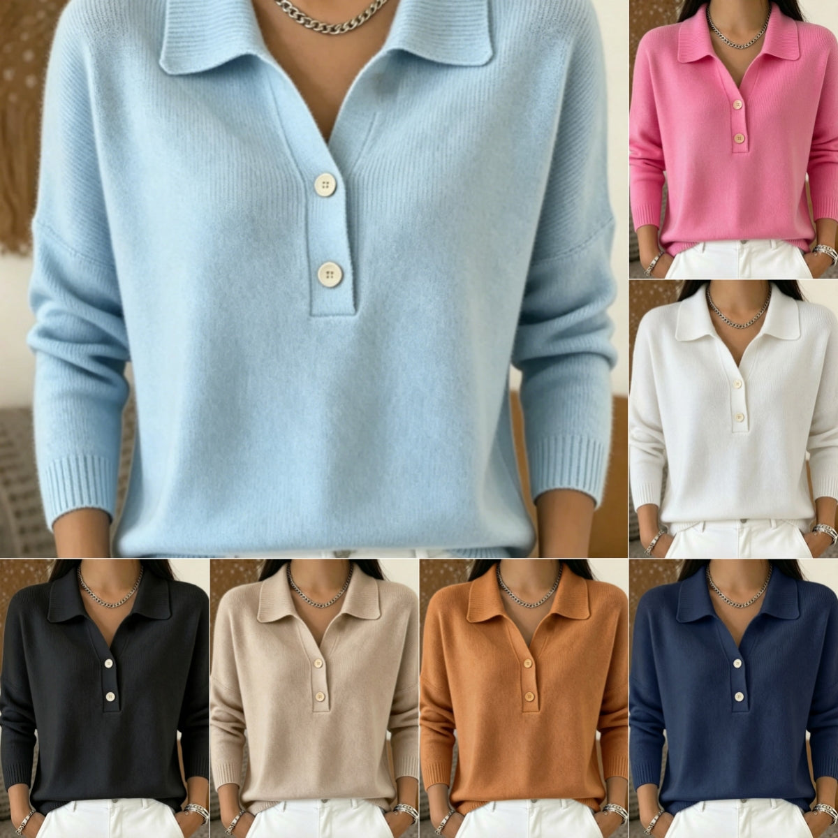 Women 's Polo Collar Knit Sweater Half Button V Neck Solid Color Women Gym From House
