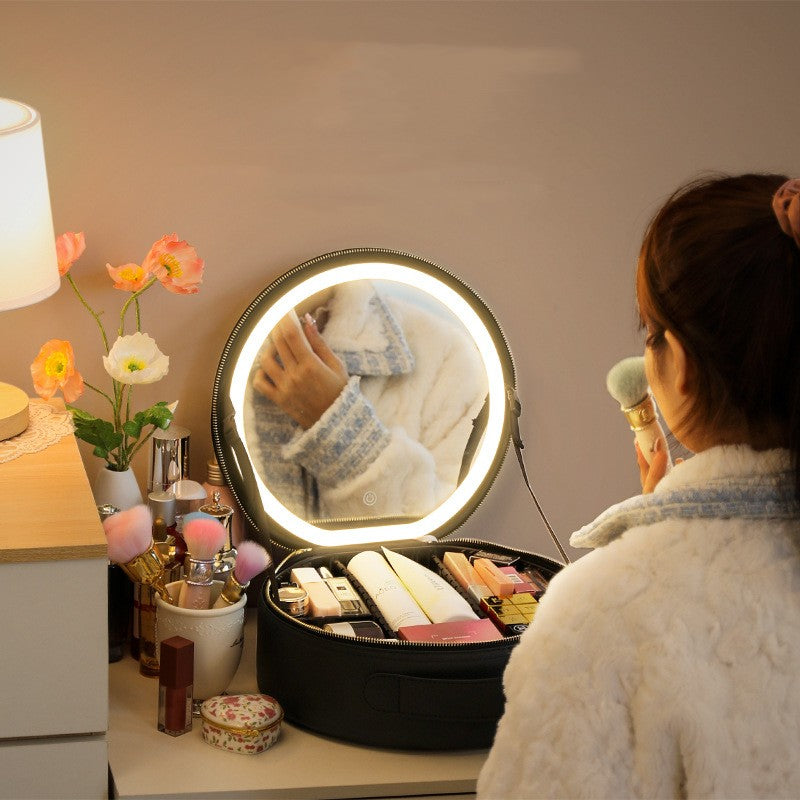 Round Smart LED Makeup Bag With Mirror Lights Women Beauty Bag Large Capacity PU Leather Travel Organizers Cosmetic Case Beauty DealSniper.net