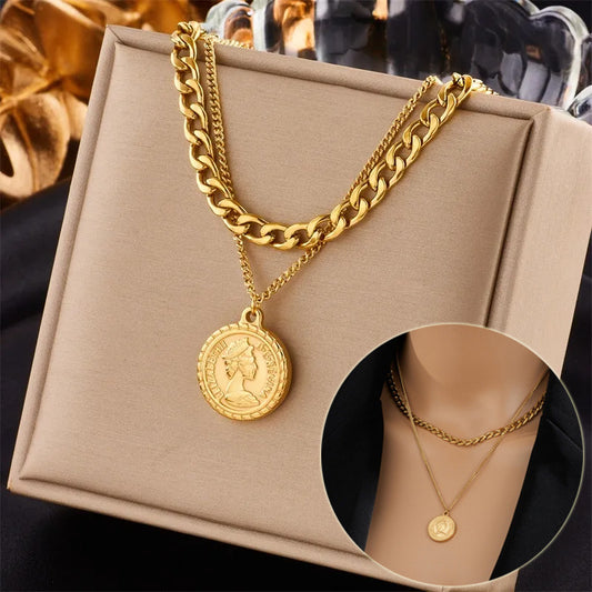 Geometric Portrait Coin Pendant Necklace For Women