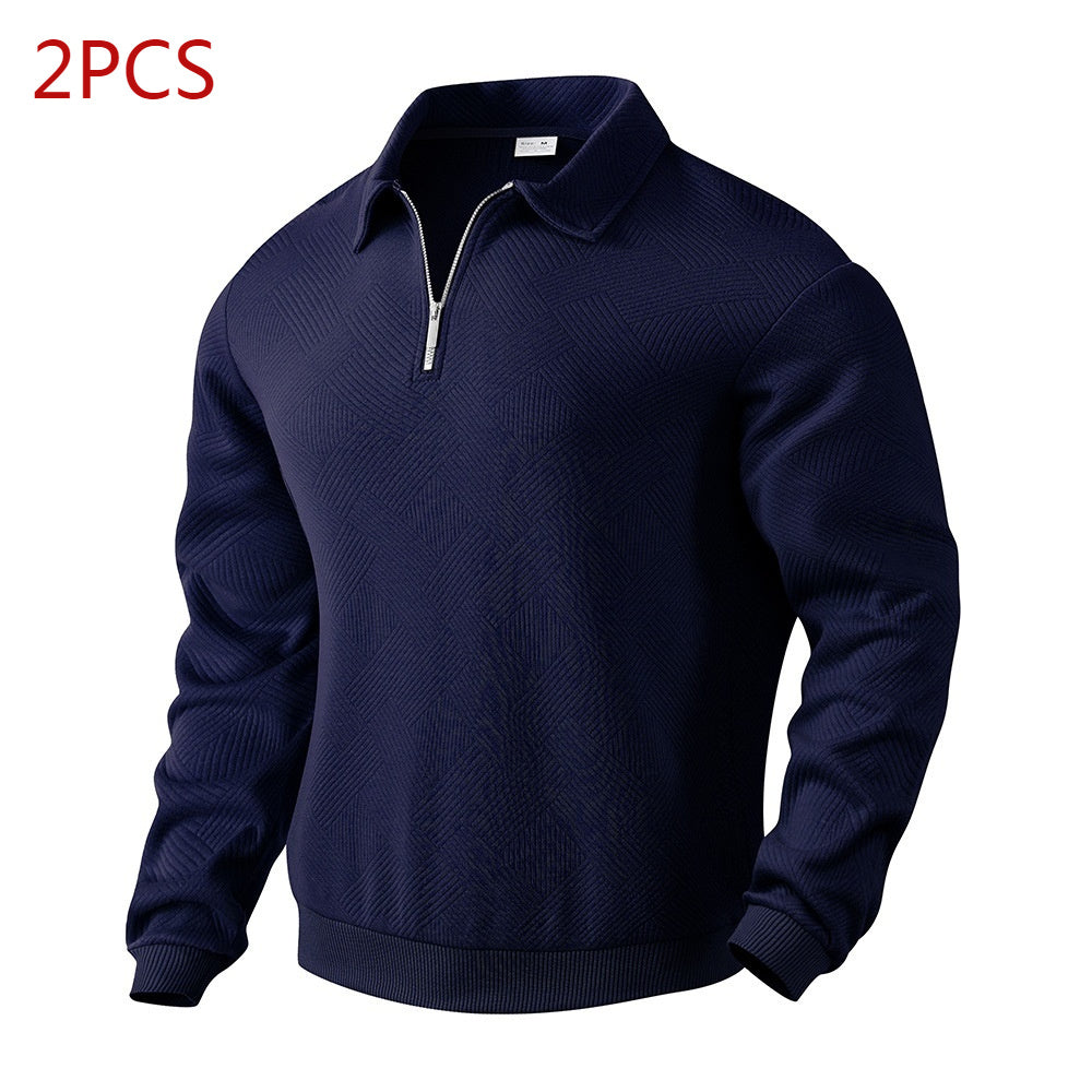 Lapel Jacquard Half-zipper Sweatshirt Fashion Solid Color Men DealSniper.net Navy Blue 2PCS M