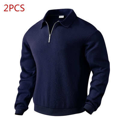 Lapel Jacquard Half-zipper Sweatshirt Fashion Solid Color Men DealSniper.net Navy Blue 2PCS M