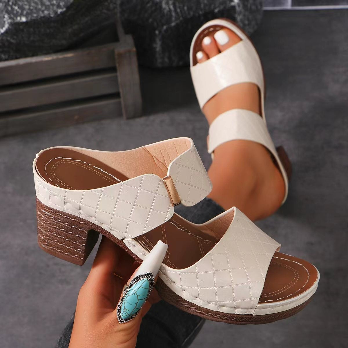 Chunky Heel Sandals Summer Round Toe Plaid Slides Slippers Women DealSniper.net Beige 36