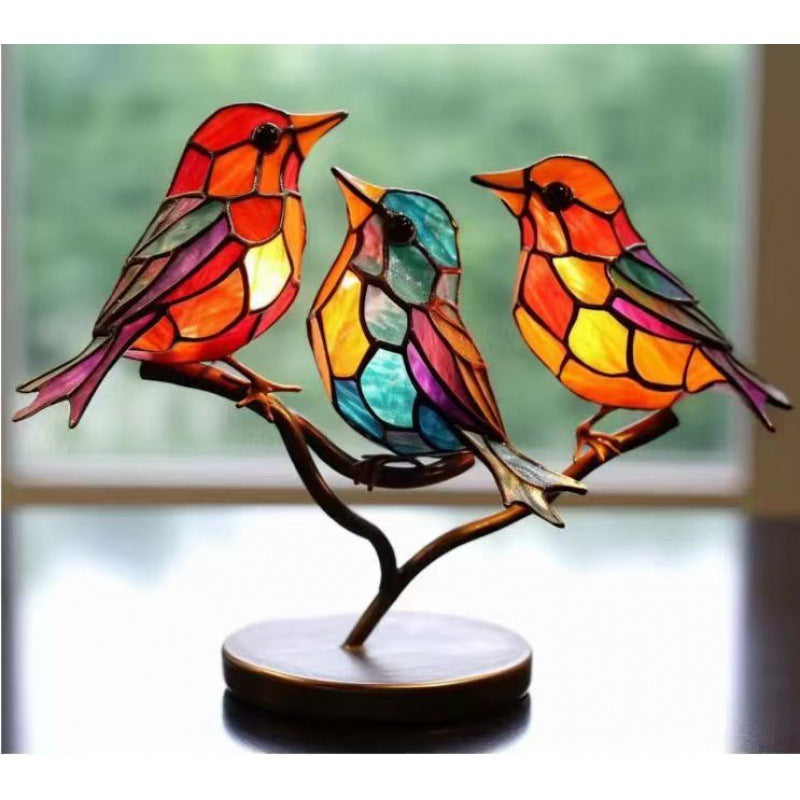 Stained Birds On Branch Desktop Ornaments For Bird Lover Home Decor dealsniper-net 3 Birds Acrylic Single Branch