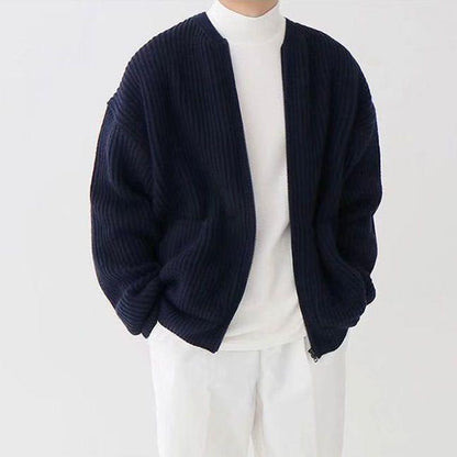 Men Zip Up Knitted Cardigan Lined Funnel Sweater Men Gym From House Dark Blue 4XL