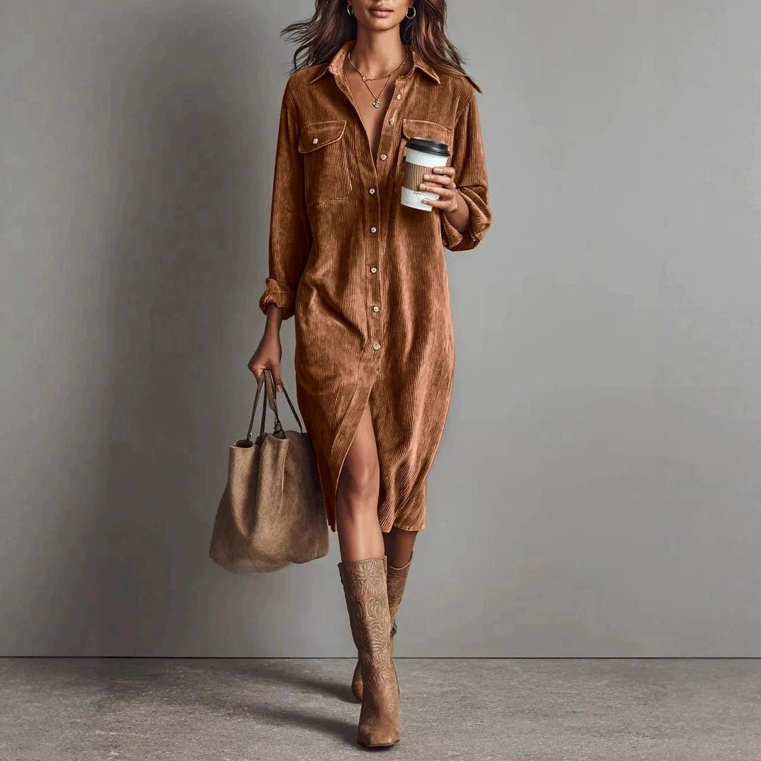 Turn-Down Collar Buttons Chic Casual Dress Women Gym From House Brown A 2XL
