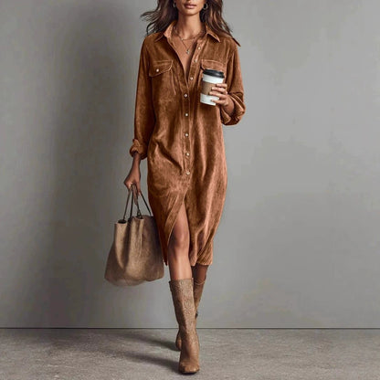 Turn-Down Collar Buttons Chic Casual Dress Women Gym From House Brown A 2XL