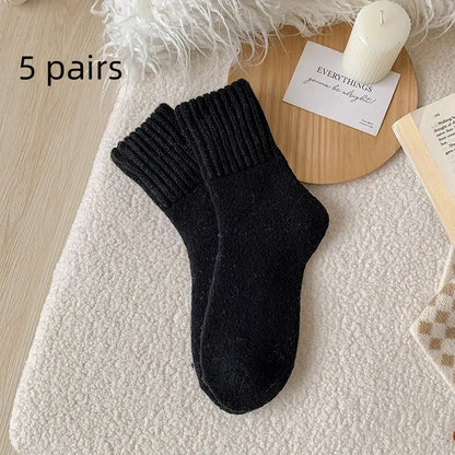Ins Knitted Socks Winter Warm Thickened Solid Loop Socks Men null Black 5 pairs Free Size