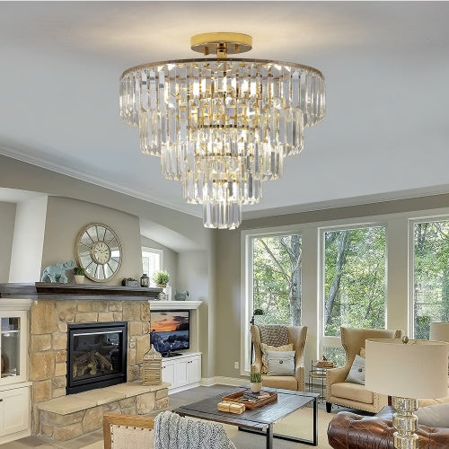 Golden Crystal Chandelier 5-layer Round Semi-recessed