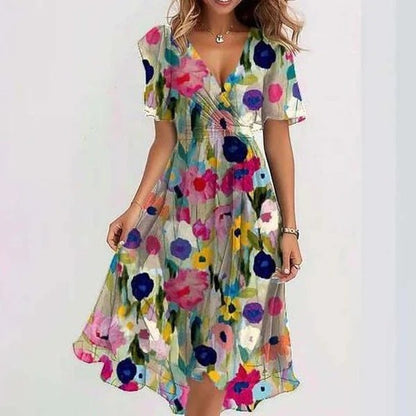 Chiffon Printed Short Sleeve Dress Summer Elegant V-neck Women dealsniper-net Color L