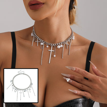 Cross Tassel Pearl Collarbone Chain Jewelry Cool Spicy Girl Jewelry dealsniper-net