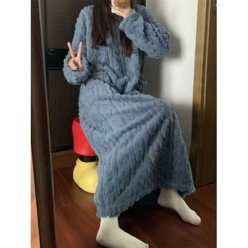 Winter Coral Fleece Sleepwear Women's Nightgown Women DealSniper.net Sea Blue L