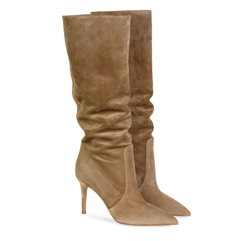 Pointed Suede Brown Stiletto Heel Fashion Mid Tube Knee Length Womens Boots Women dealsniper-net