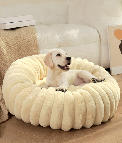 Pet Kennels Long Plush Round Cat Nest Winter Warm Dog Beds Pets Gym From House Beige Outer Diameter 40cm