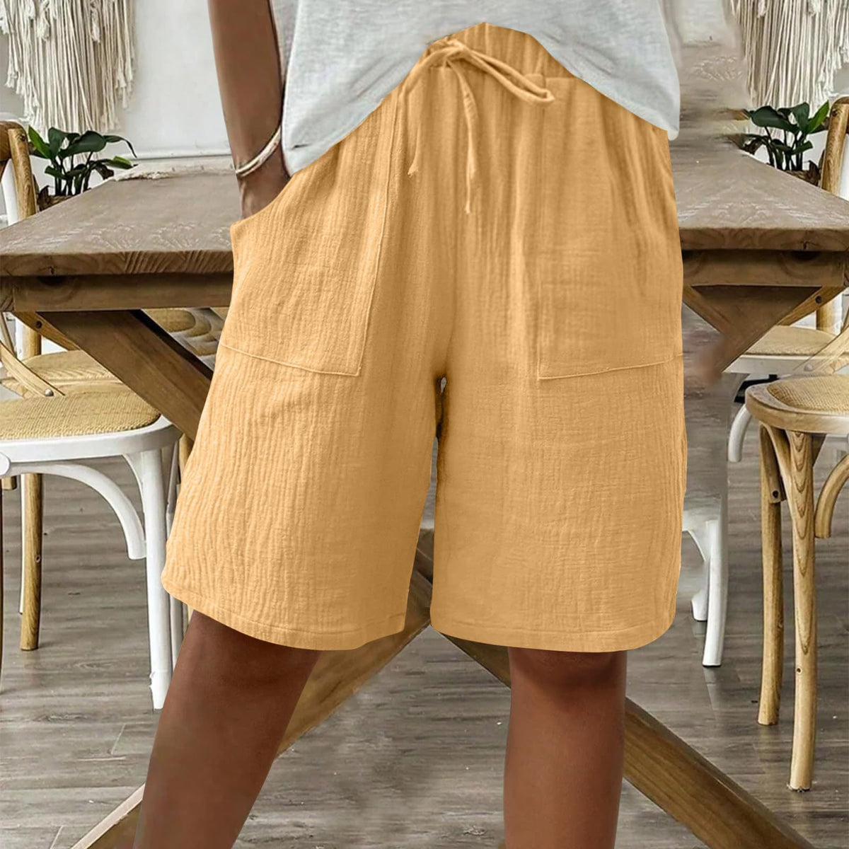 Linen Cotton Shorts, Solid Color Casual Shorts Tie Detail Shorts Women DealSniper.net Ginger yellow 4XL