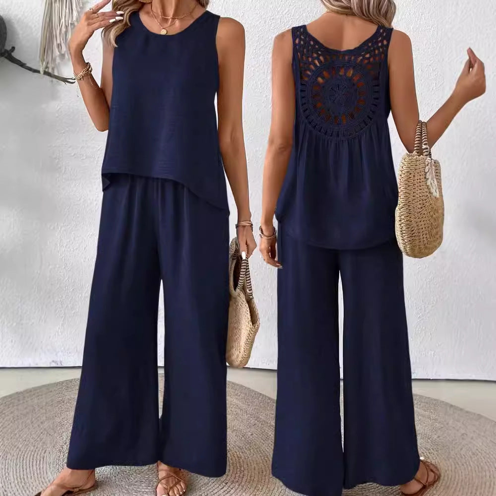 2 Pieces Set Women's Sleeveless Solid Color Back Hollow Lace Suit Women Gym From House