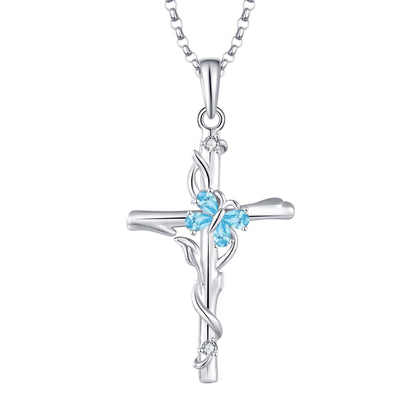 Cross Necklace Sterling Silver Women Pendant Jewelry dealsniper-net Zirconium blue