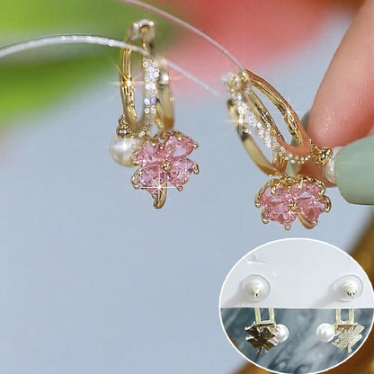 Fashion Jewelry Purple Crystal Four-leaf Flower Pearl Ear Clip Earrings Jewelry dealsniper-net Pink Ear Studs