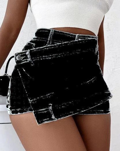 Y2K Street Vintage Denim Shorts Stretch Overlap Waist Wrap Women dealsniper-net Black 2XL
