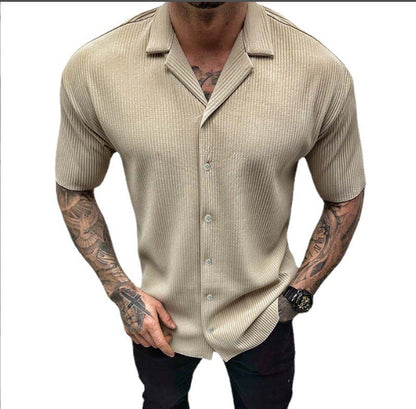 Men's Cardigan Solid Color Short Sleeve Shirt Men DealSniper.net Khaki L