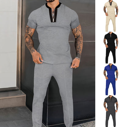 Men's Fashion Waffle Short Sleeve Stitching Stand Collar Suit