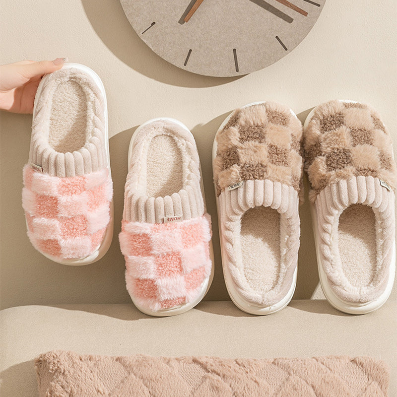 Plaid Plush Slippers Women's Indoor Plush Home Slippers Soft Sole Thick Non-Slip Warm House Shoes Couple Autumn And Winter Women DealSniper.net